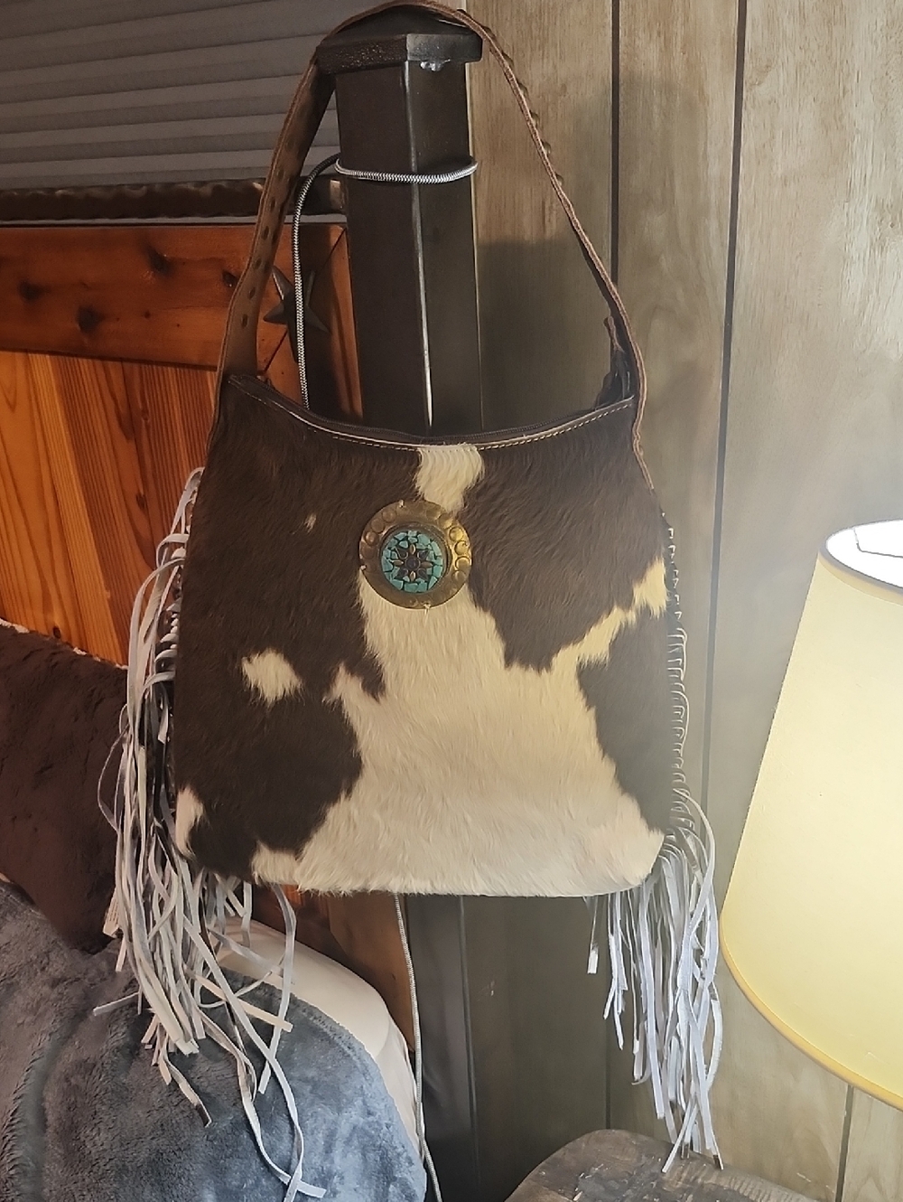 American Darling Brown and White Cowhide Shoulder Bag with Turquoise Medallion